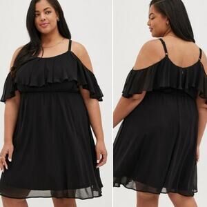 Torrid Black Cold Shoulder Ruffle Dress, Size 16, Short Chiffon Skater
